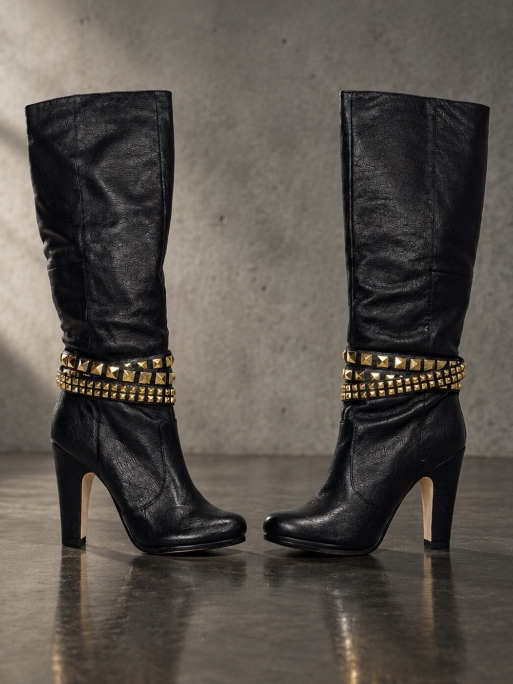 Vintage DV by Dolce Vita Black Leather Knee Boots with Gold Studded Wrap